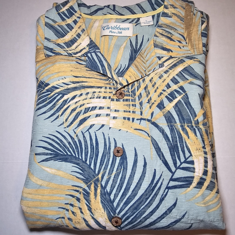 Caribbean Silk Men's Size Large Shirt Hawaiian Palm Fronds 100% Pure Silk